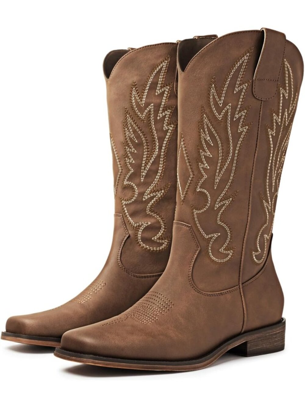 Women's Camel Square Toe Mid Calf Western Cowgirl Boots Pull On Low Chunky Heels
